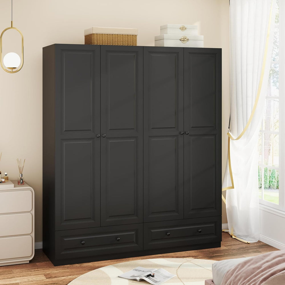 Black Armoire Wardrobe Closet with 2 Drawers, 74" Tall X 63" Wide