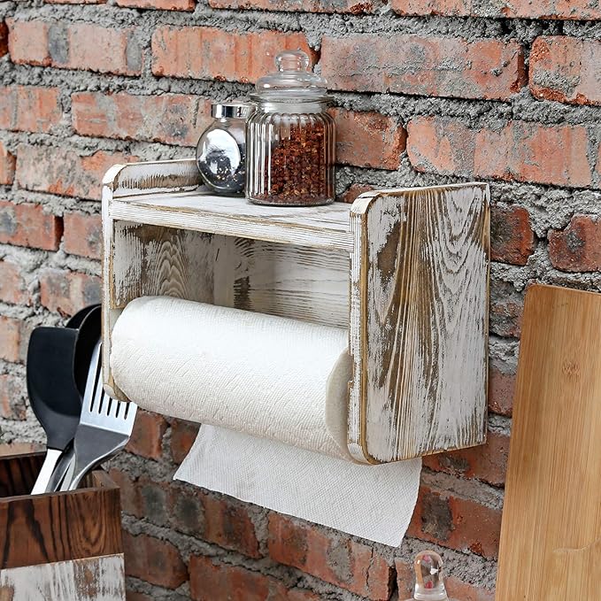 MyGift Farmhouse Paper Towel Holder, Shabby Whitewashed Wood Farmhouse Wall - Image 2