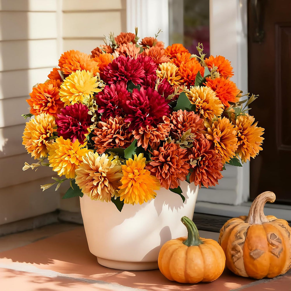 10Pcs Fake Flowers Artificial Mums for Outdoors,UV Resistant Faux Mums for Ou...