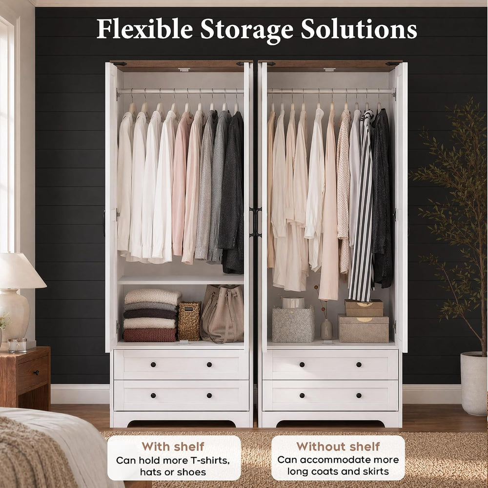 71" Wooden Armoire Wardrobe Closet with 2 Doors & 2 Drawers, White