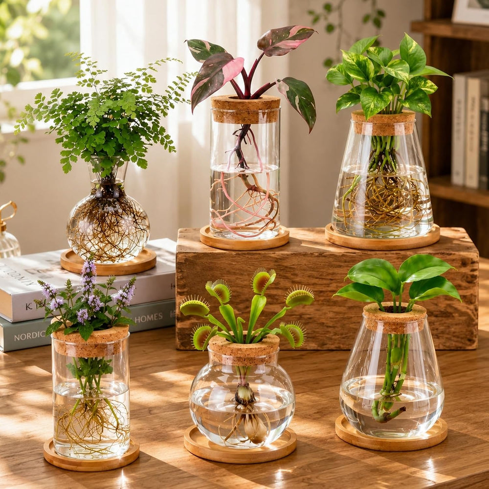 Honeydak 6 Pcs Plants Propagation Stations with Wooden Lid and Bamboo Stand