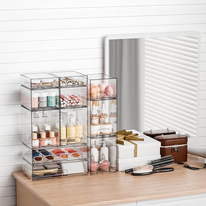 Yieach 2 Pack Clear Stackable Storage Drawers, 4.4'' Tall Acrylic Drawer - Image 2