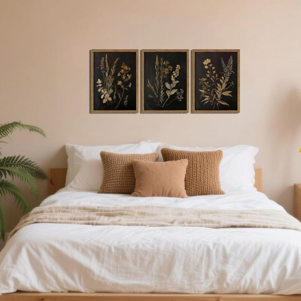 Framed Dark Botanical Wall Art Set of 3, Black Moody Floral Wall Decor Painti...