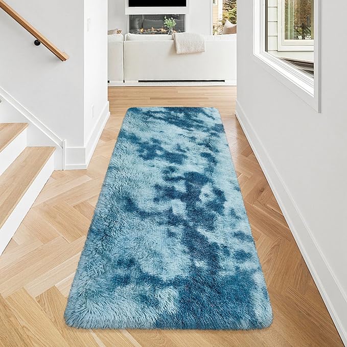 Super Soft Fluffy Living Room Area Rug 2x5 ft Tie-Dyed Light Blue Shaggy Furry - Image 2