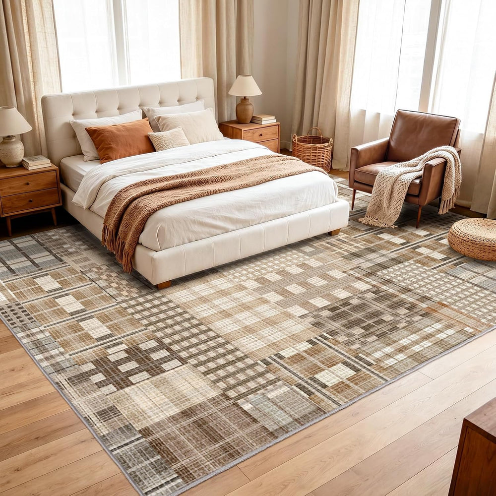 Rezutan Washable Area Rug 8x10, Modern Geometric Plaid, Non-Slip, Beige