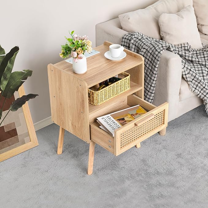 Lerliuo Rattan Nightstand with Charging Station, Boho Side Table with Drawer ...