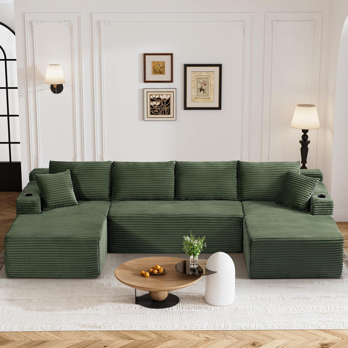 133" U-Shaped Modular Sectional Sofa, Corduroy Boneless Couch, Green | Cloud Luxury Comfort, Couches for Living Room, Storage & Cupholder, Oversized Sofa, Deep Seat, No Assembly Required