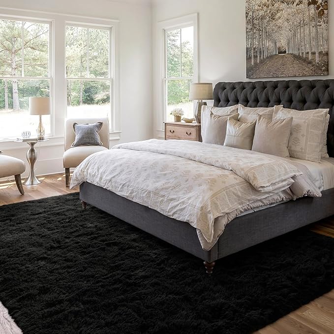 5x7 Ft Shag Black Rug for Bedroom, Tie Dyed Ultra Soft Fluffy Furry Area Rugs - Image 2