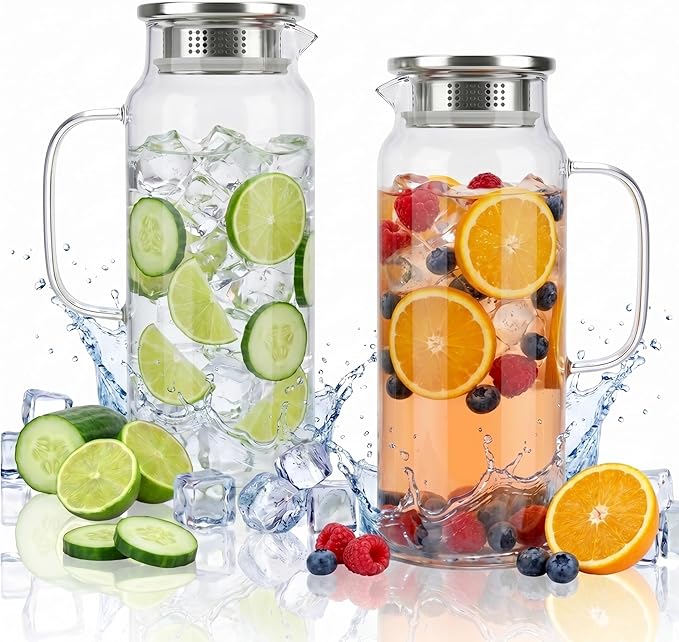 2 Pack Glass Pitcher with Lid and Handle, 68oz 2 Liter Borosilicate Glass Water by Unknown