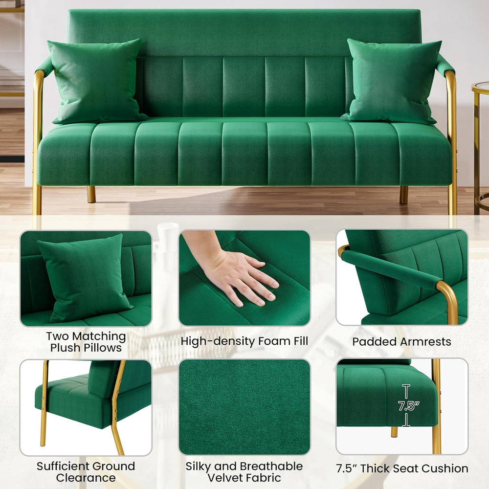 Yaheetech 56.5" Small Sofa 2 Seater Couch with Gold-Tone Legs, Green