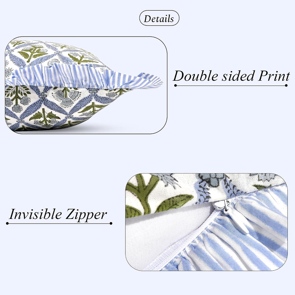 Ridhi Light Steel Blue Block Print Ruffle Pillow Sham 36x14 Inch Set of 1