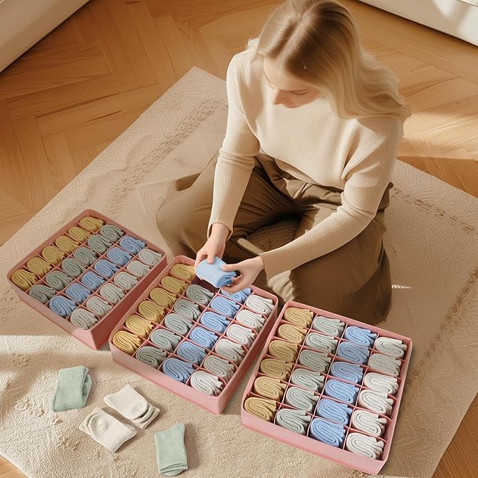Joyoldelf 4-Pack Pink Fabric Dresser Drawer Organizers, 24-Cell Sock Drawer - Image 3