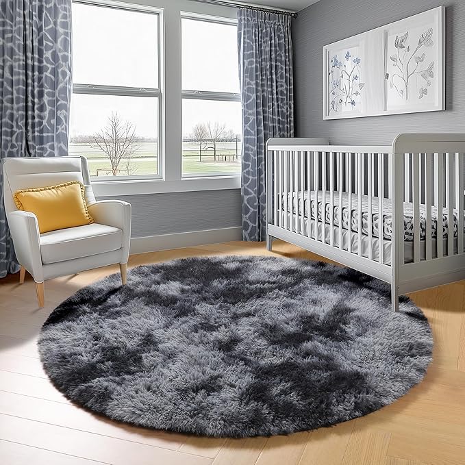 ONASAR Round Rugs 6ft for Living Room Bedroom, Tie-Dyed Dark Grey Fluffy Circle - Image 7
