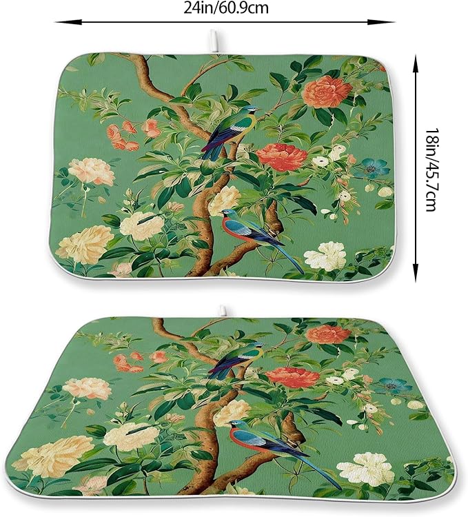 Chinoiserie Dish Drying Mat 18 x 24 Inch Vintage Green Bird Floral Drying Mat - Image 3