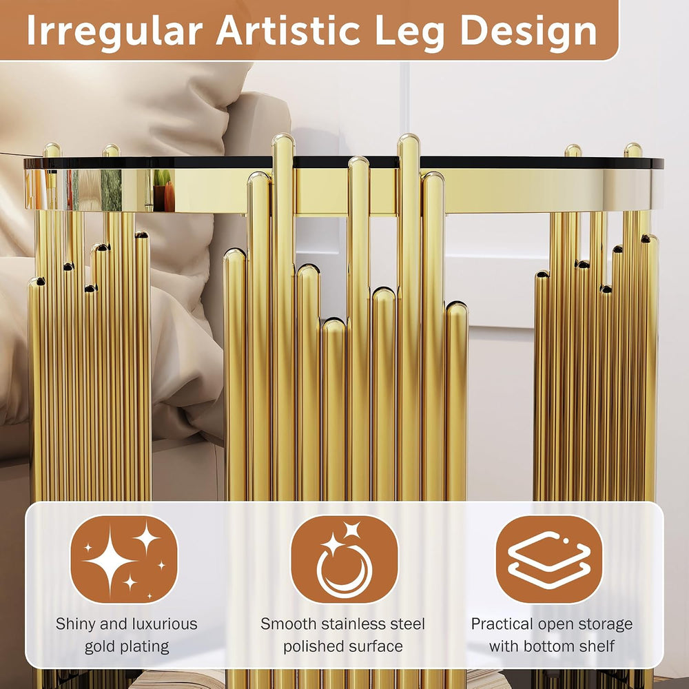 Luxury Gold Round Glass End Table, 19.7" Modern Side Table with Stainles...
