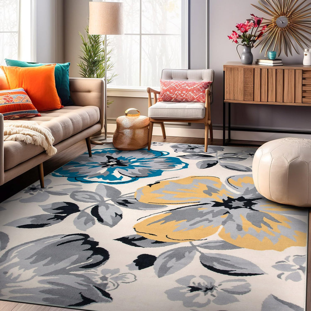 Rugshop Modern Floral Living Room Bedroom Area Rug Cream 5' x 7'