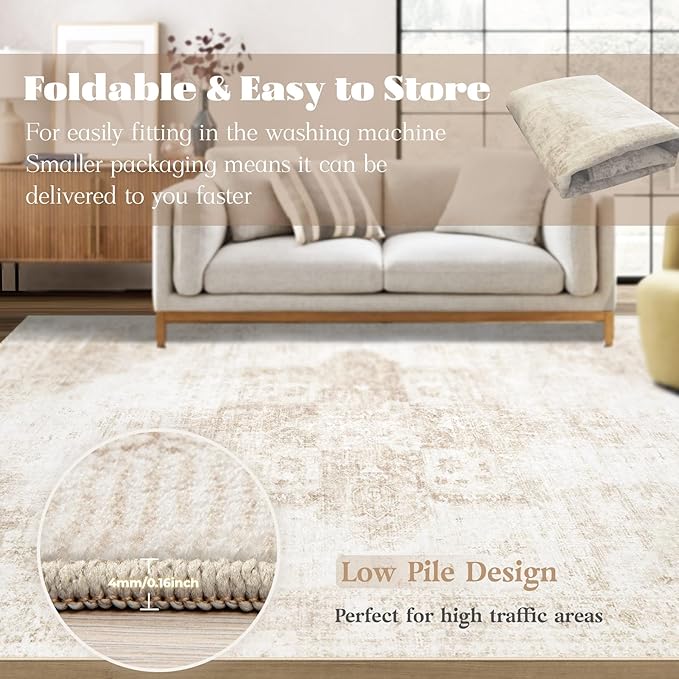 Area Rug 3x5 Washable Rug, Vintage Boho Medallion Entryway Rug Non-Slip Soft - Image 6