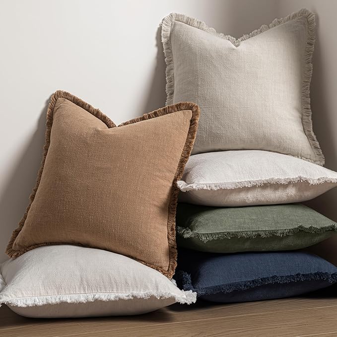 MIULEE Decorative Throw Pillow Covers Neutral Linen Fringe Throw Pillows Euro - Image 5