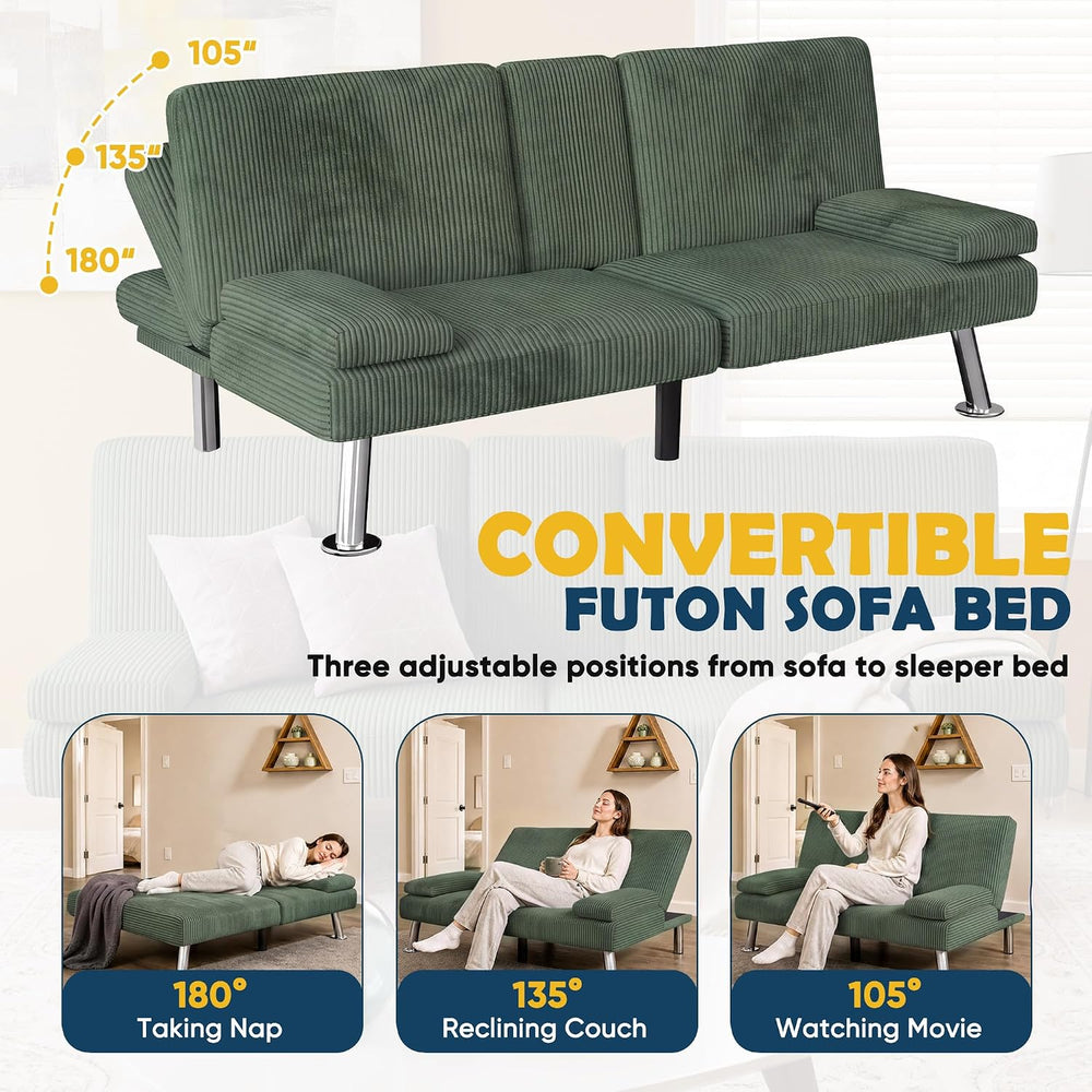 Furmax Convertible Futon Sofa Bed with Adjustable Backrest & 2 Cup Holders