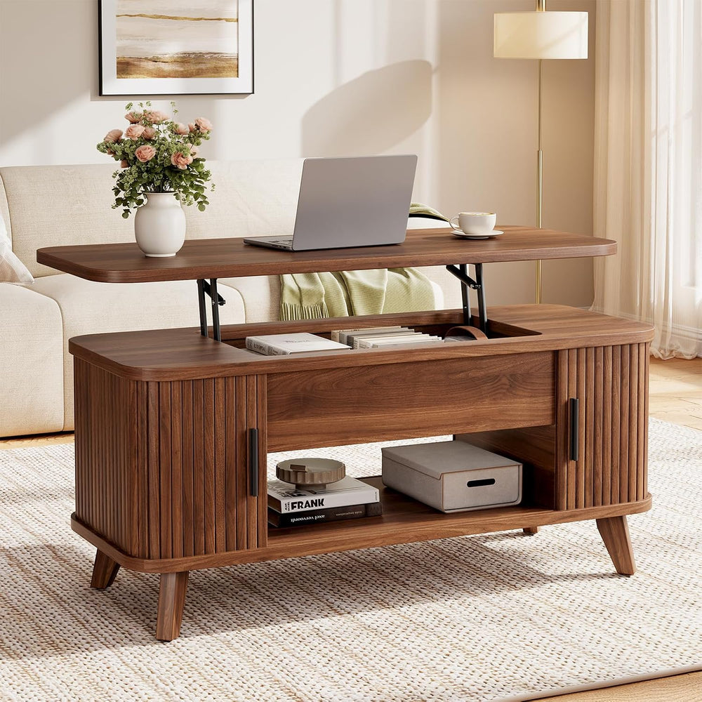 39.4" Mid Century Modern Lift Top Coffee Table, Wooden Fluted Coffee Tab...