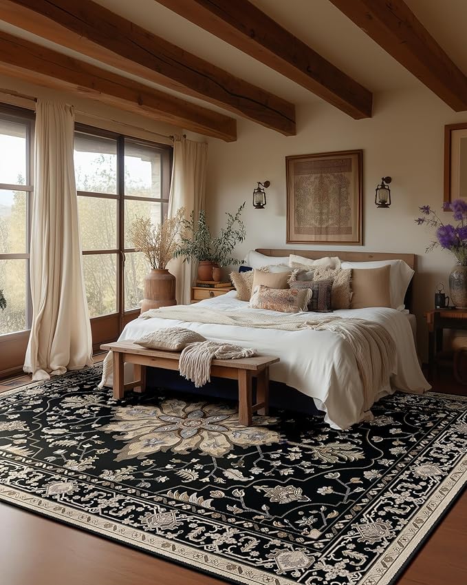 Area Rugs 10'x14' Washable Non-Slip, Floral Vintage Distress Print Pattern - Image 2