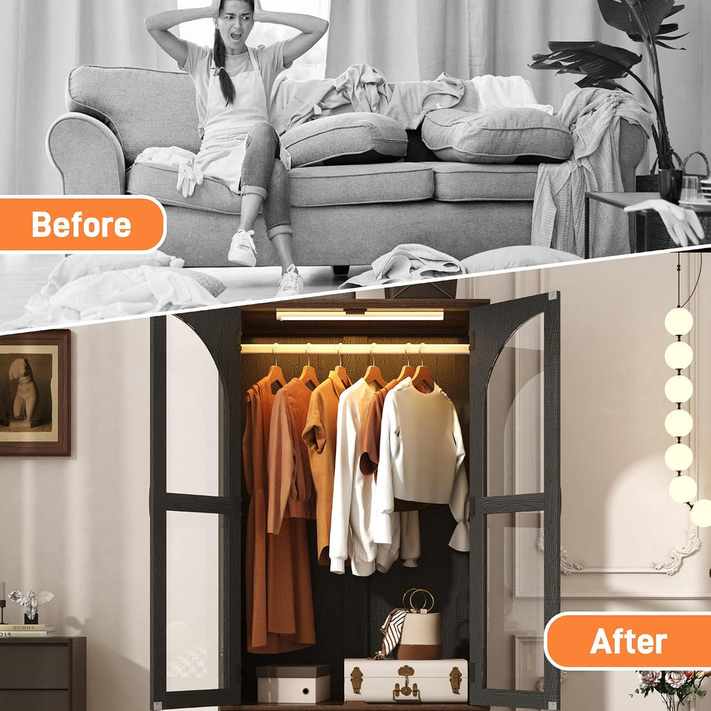 Tall Farmhouse 2 Doors Armoire Wardrobe Closet with LED ,72" Freestandin...
