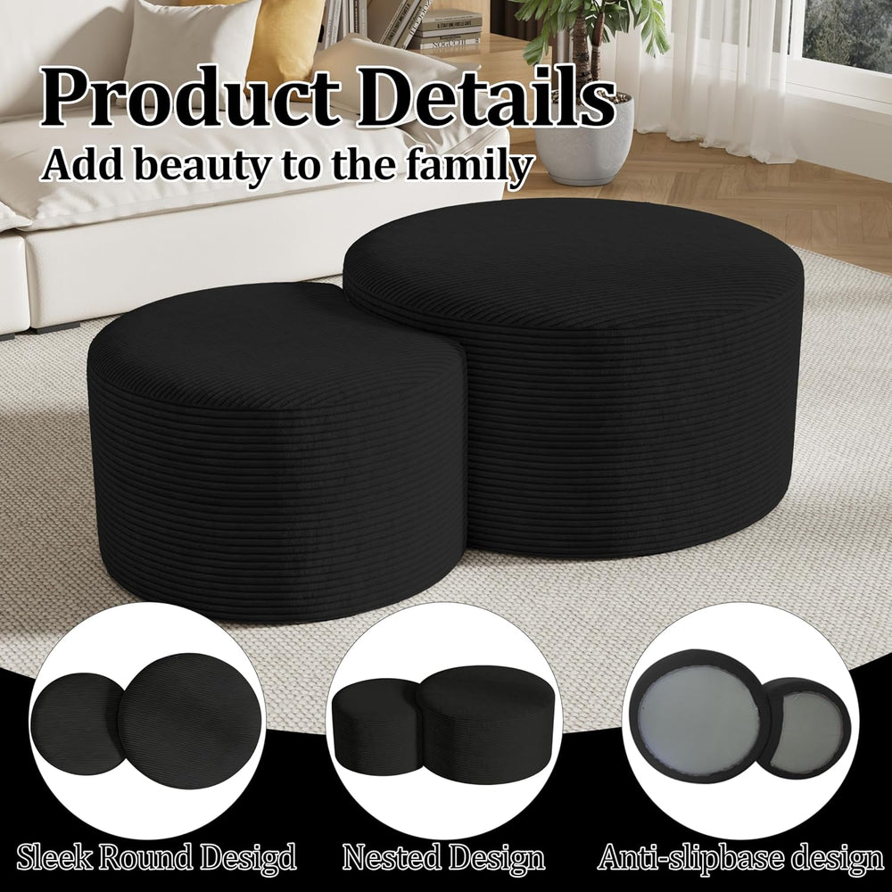 Round Nesting Coffee Table Set of 2,Upholstered Foam Ottoman Footrest Side Ta...
