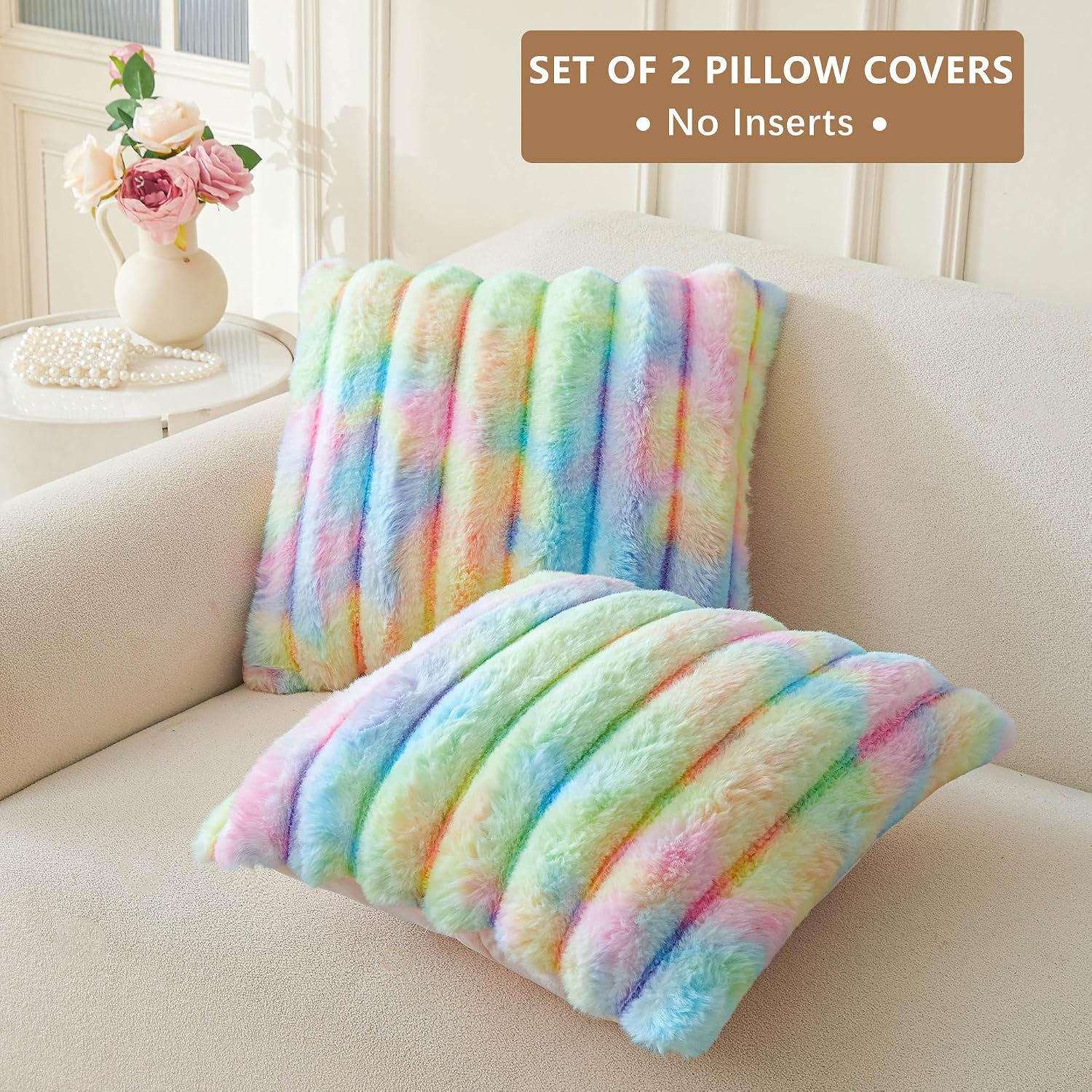 MEGO Faux Rabbit Fur Ribbed Throw Pillow Covers 18x18 Set of 2, Rainbow | Fluffy Striped Square Cushion Covers with Zipper, Tie Dye Furry Washable Pillow Shams, Home Decor for Bed Sofa Chair Office
