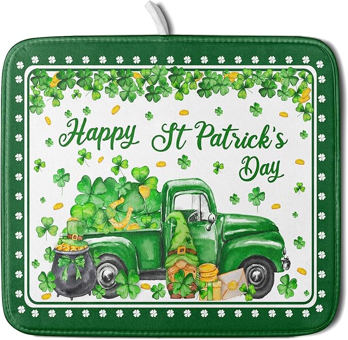 Shamrock Gnome Truck Dish Drying Mat Lucky Clover Dish Drainer Mat 16x18 inch by Giwawa