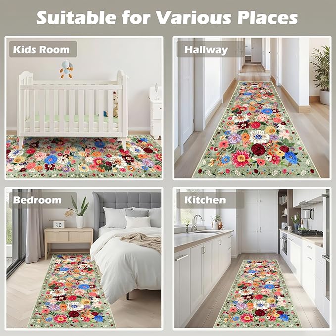 Rug for Hallways Kitchen Rug 2x8 Green, Non Slip Washable Rugs - Image 3