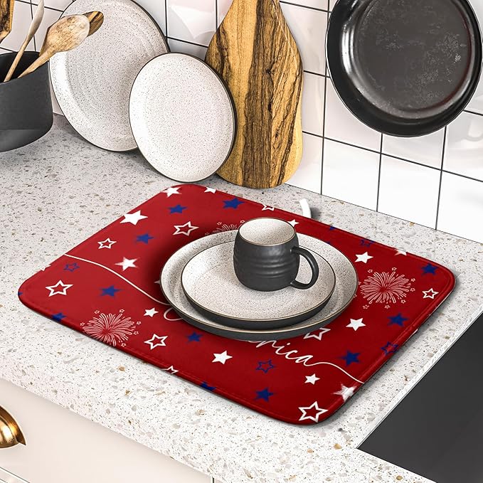 Giwawa 4th of July Dish Drying Mat 16"x18" Patriotic Usa Stars America Firework - Image 4