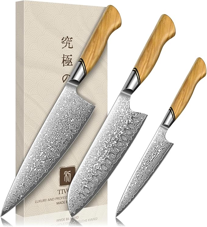 TIVOLI Damascus Kitchen Knife Set, VG-10 Damascus Santoku Paring Knife by TIVOLI