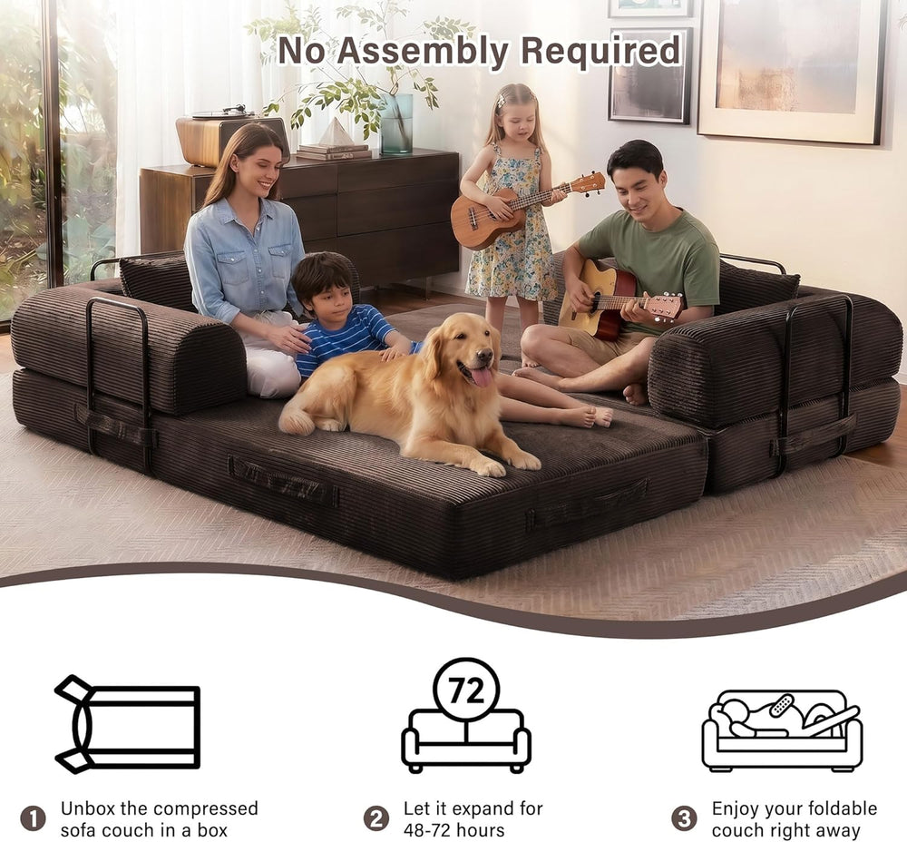 79" Convertible Sofa Bed, 5-in-1 Corduroy Boneless Couch Bed Sofa Pull O...