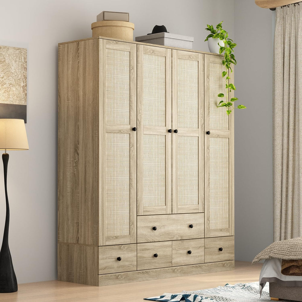 WOODTIME Rattan Armoire Wardrobe Closet with 7 Shelves, 5 Drawers & Hangi...