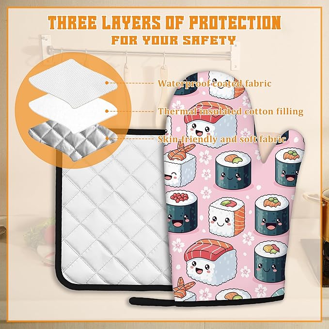 Cute Sushi Roll Japanese Oven Mitts and Pot Holders Set, Kitchen Decor Heat - Image 3