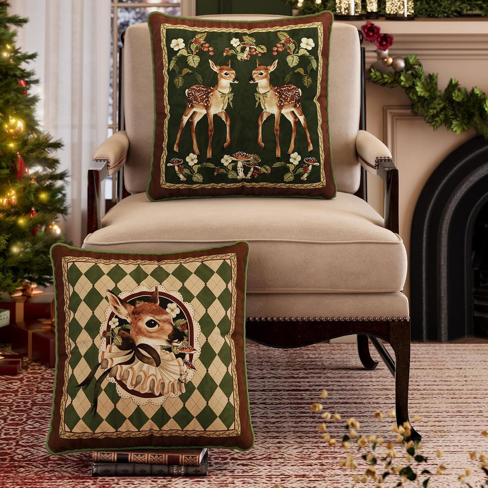 Vintage Christmas Pillow Cover 18x18, Holly Deer