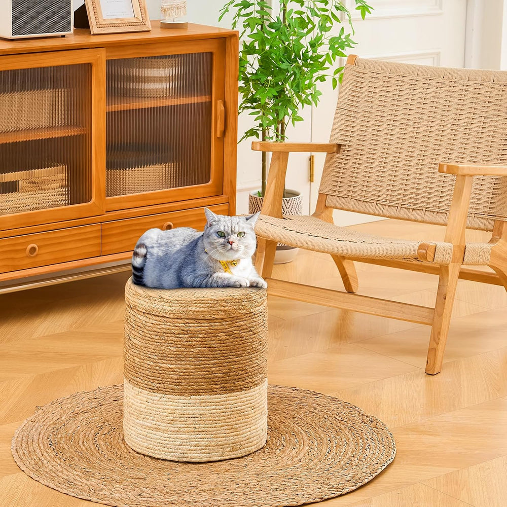 Round Storage Pouf Ottoman Hand Weaving Natural Boho Straw Footstool Pouffe