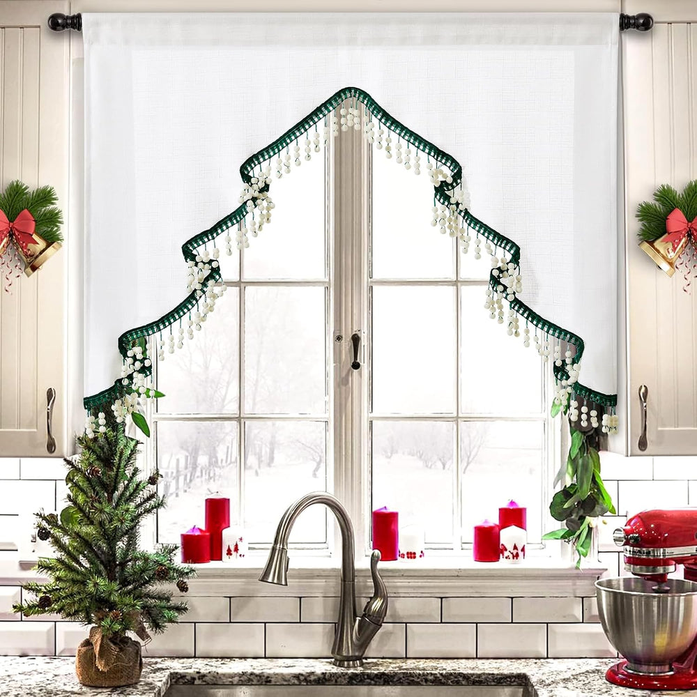 Estmy Boho Cute Christmas Tree Kitchen Curtain, White and Green, 47'W x 3...