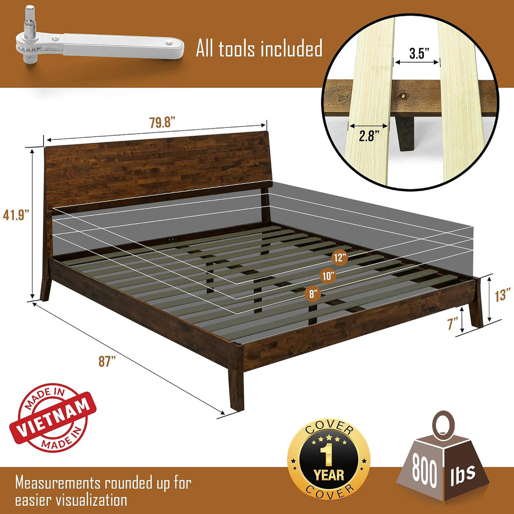 Acacia Serenity King Size Bed Frame, King Bed Frame with Headboard 800 lbs Ca...