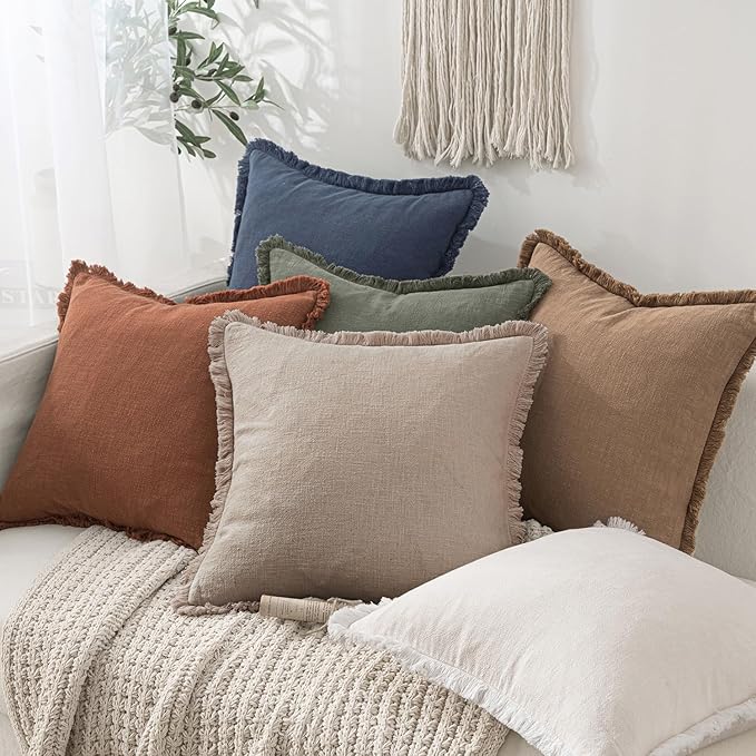 MIULEE Decorative Throw Pillow Covers Neutral Linen Fringe Throw Pillows Set of - Image 2