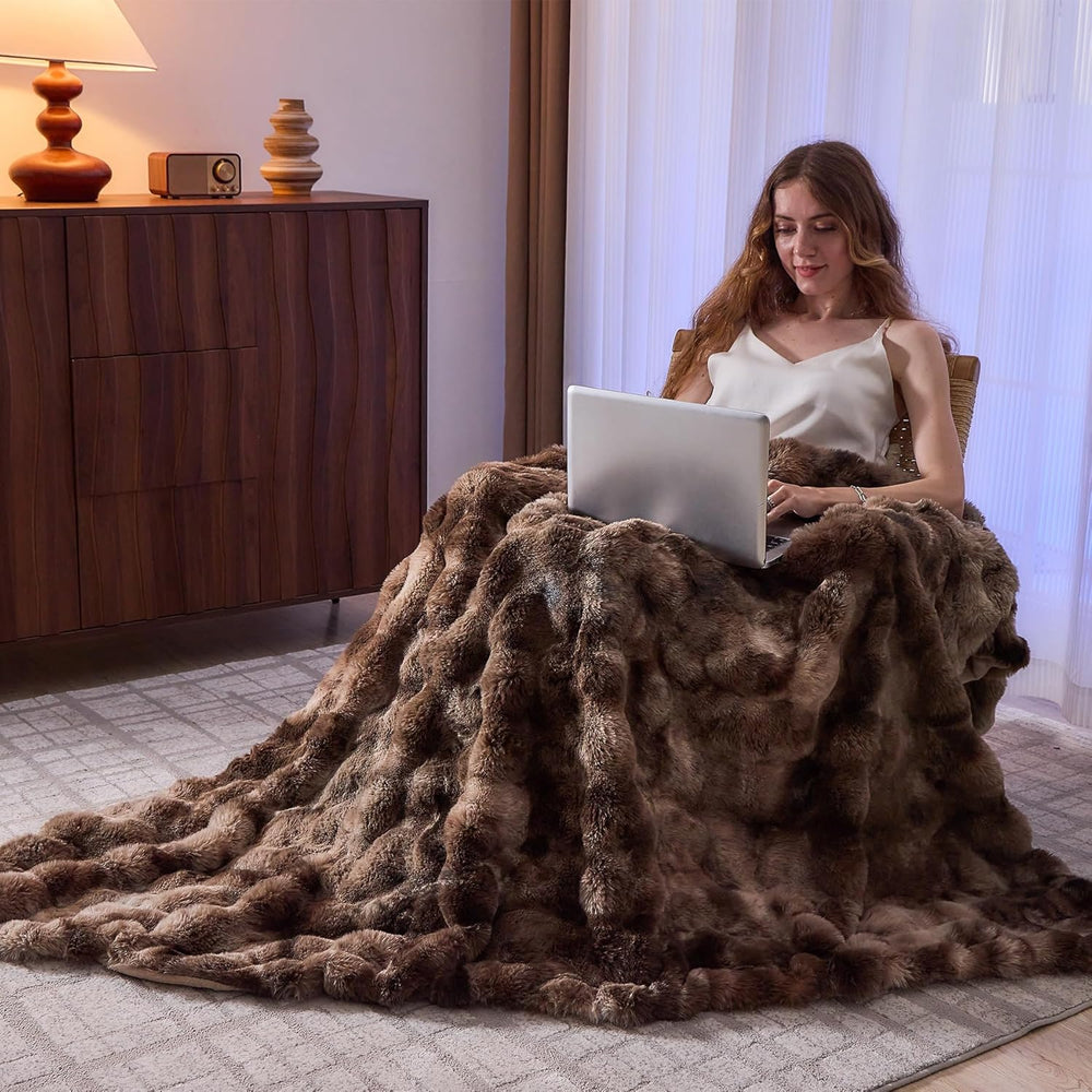 Lotus Karen Faux Fur Throw Blanket Tie-Dye Dark Coffee - Big Bubble Rabbit Fl...