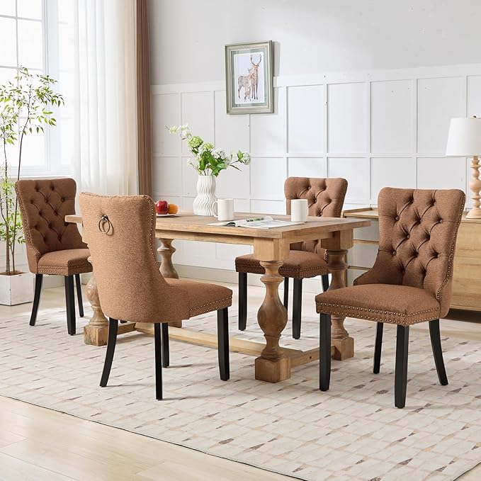 Brown Dining Chairs Set of 6, Upholstered Tufted Linen Fabric Dining Room Cha...