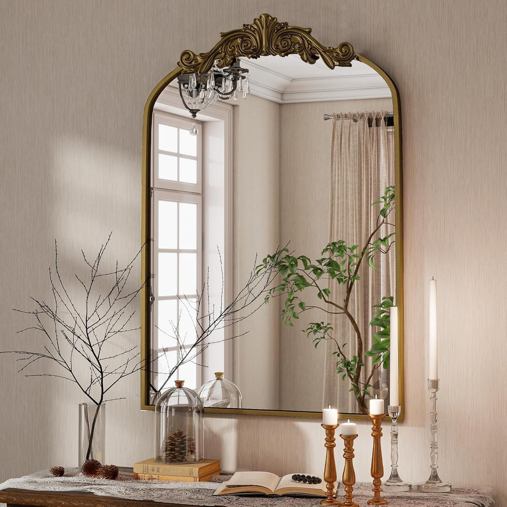 Vintage Arched Wall Mirror, 36"x24" Antique Bronze Bathroom Mirror