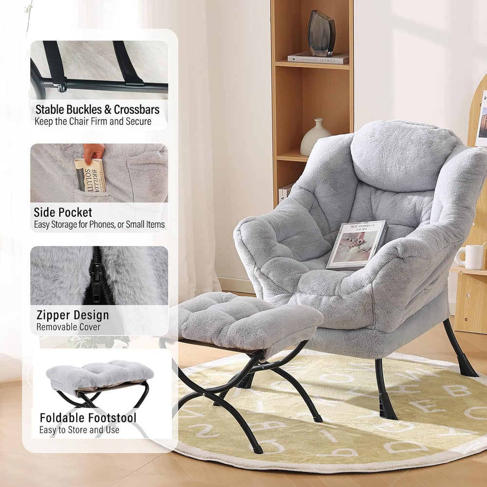Furlide Lazy Chair with Ottoman, Comfy Reading Chair for Bedroom，Grey