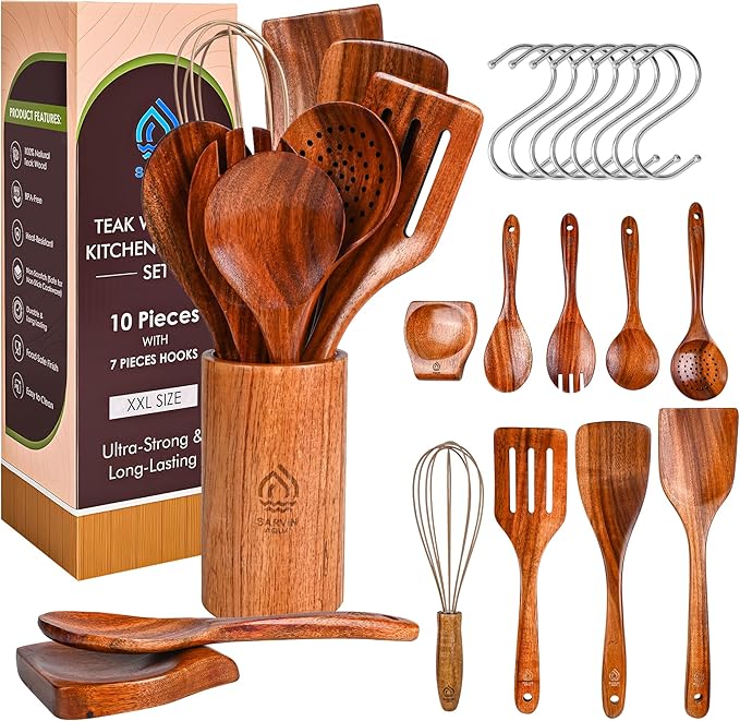 Teak Wooden Utensil Set 10 Piece, Kitchen Cooking Utensils by SarvinAqua
