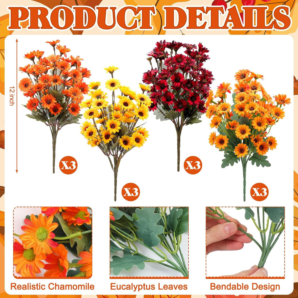 Suncalla 12 Pcs Fall Artificial Mums for Outdoors, Fake Silk Daisy Bulk