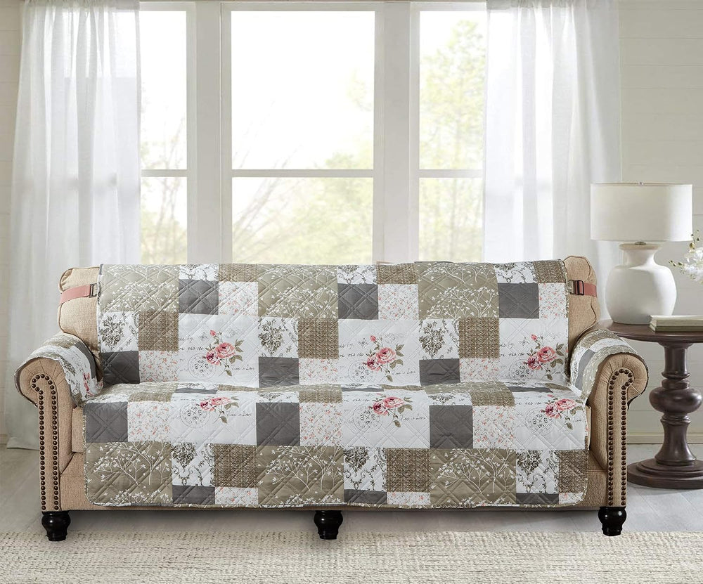 Brilliant Sunshine Pink Rose & Grey Toile Patchwork Couch Sofa Slip Cover