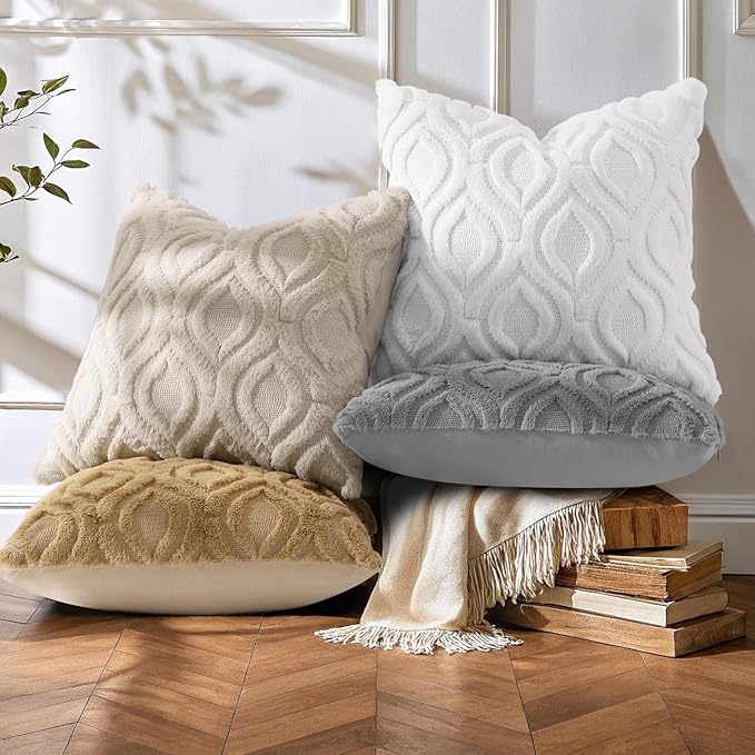 decorUhome Throw Pillow Covers 20x20 Inch Set of 2, Soft Plush Faux Wool Beige - Image 7