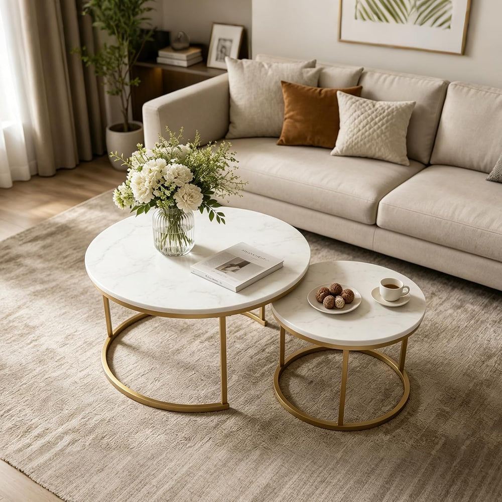 White Round Nesting Coffee Table Set of 2, Marble Pattern Top with Gold Metal...