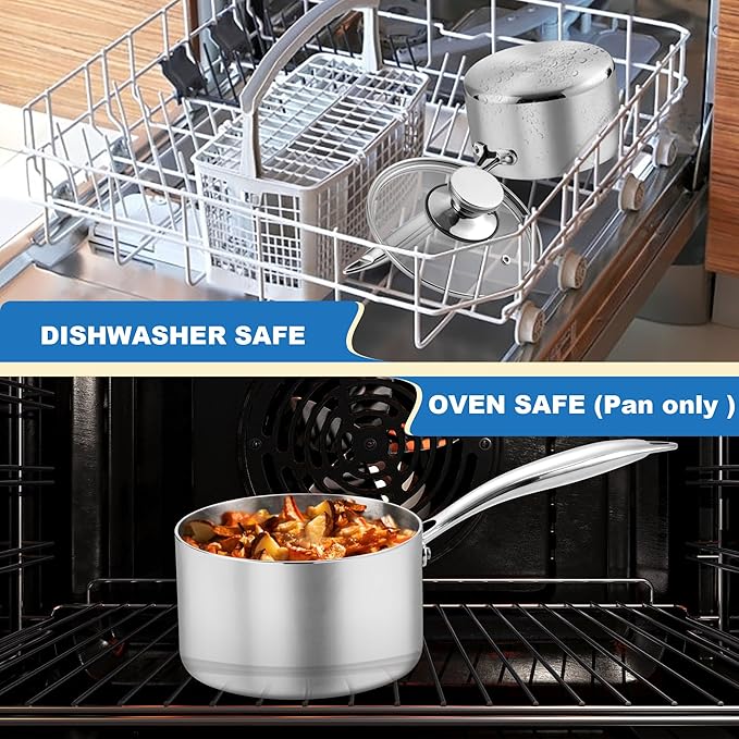P&P CHEF 1 & 2 Quarts Tri-Ply Stockpot and Saucepan, Stainless Steel Sauce Pan - Image 6